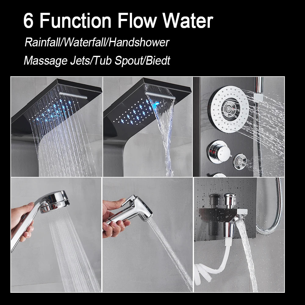 Black LED Light Shower Faucet Bathroom SPA Massage Jet Shower, Waterfall Rain Shower