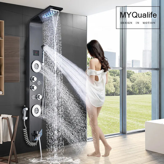 Black LED Light Shower Faucet Bathroom SPA Massage Jet Shower, Waterfall Rain Shower