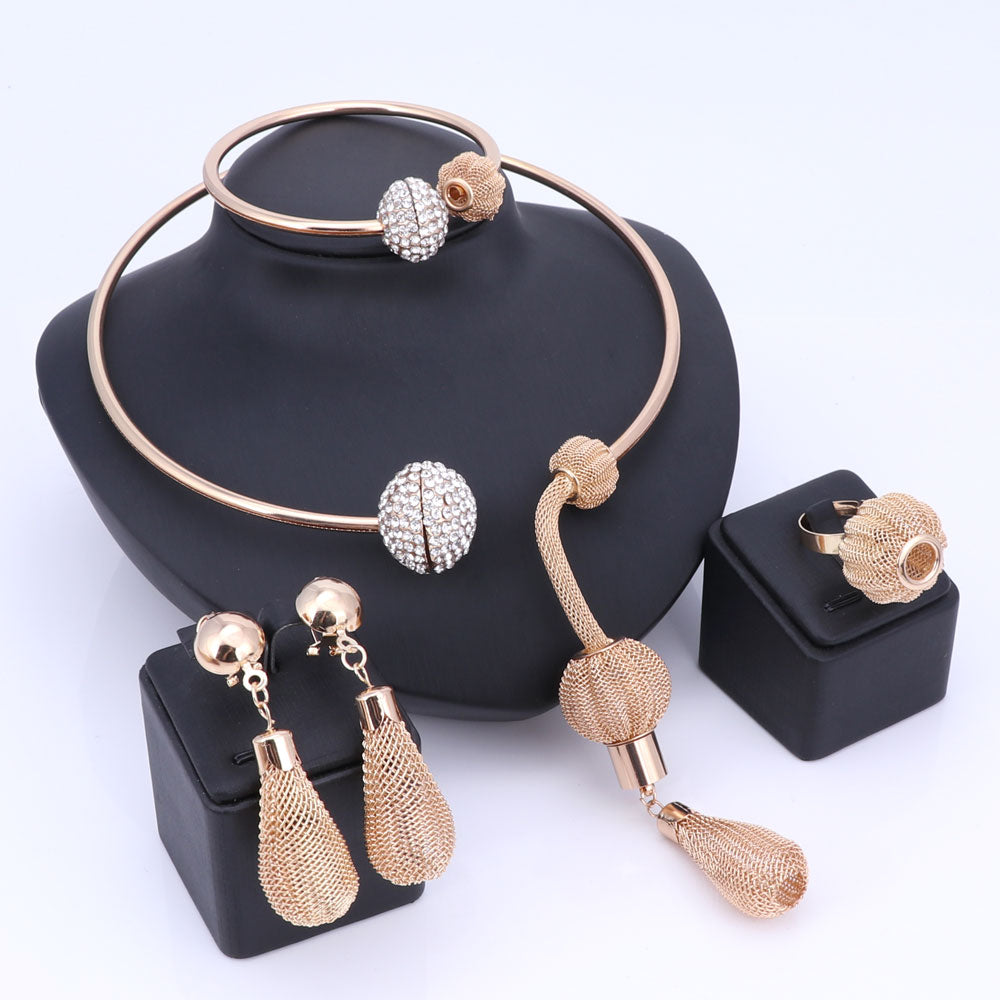 Women's 4 Piece Set Dubai Gold Color Crystal Tassels - atozdepot23