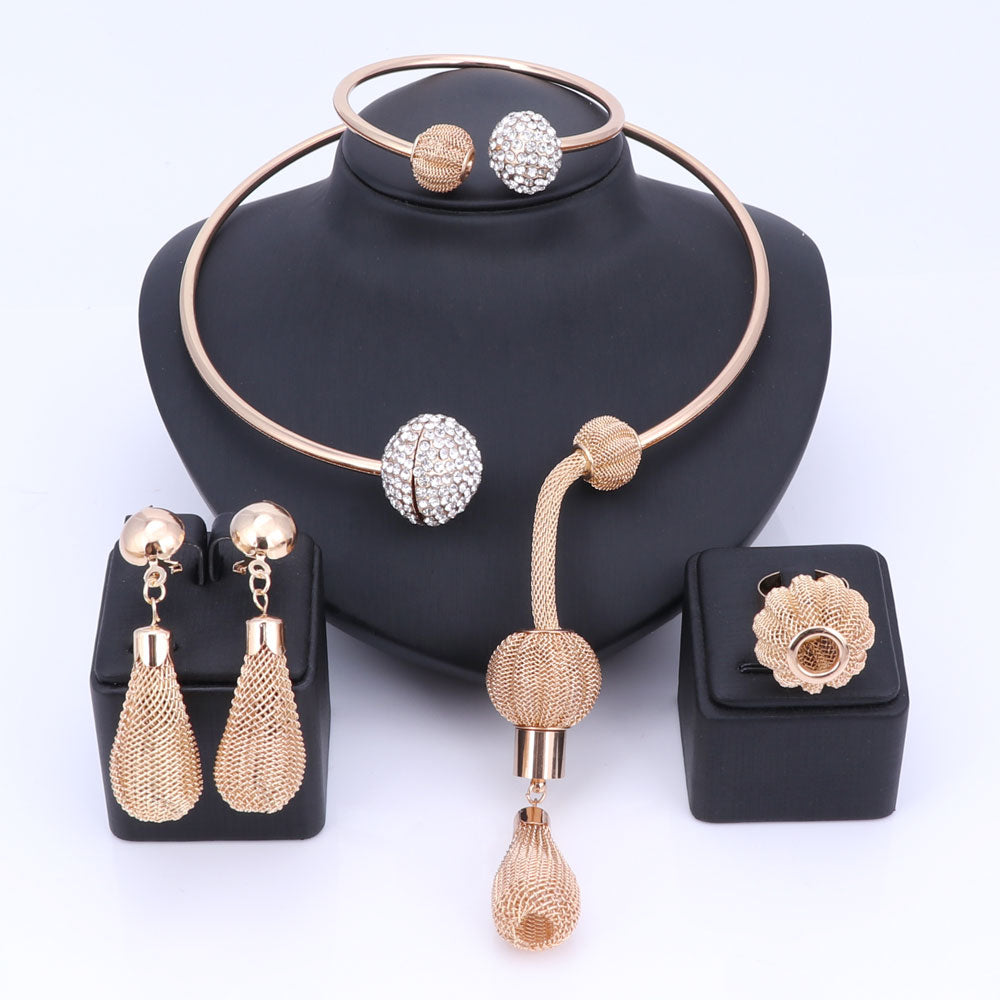 Women's 4 Piece Set Dubai Gold Color Crystal Tassels - atozdepot23