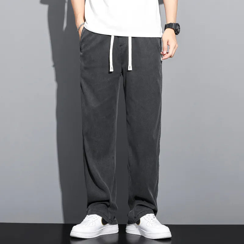 Men's Brand Clothing Soft Lyocell Fabric Jeans Loose Straight Pants Drawstring Elastic Waist