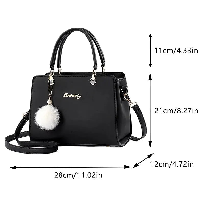 Women Plush Ball Decor Handbag Fashion Satchel Bag Stylish Purse and Tote Bag PU Leather Top Handle Shoulder Bags