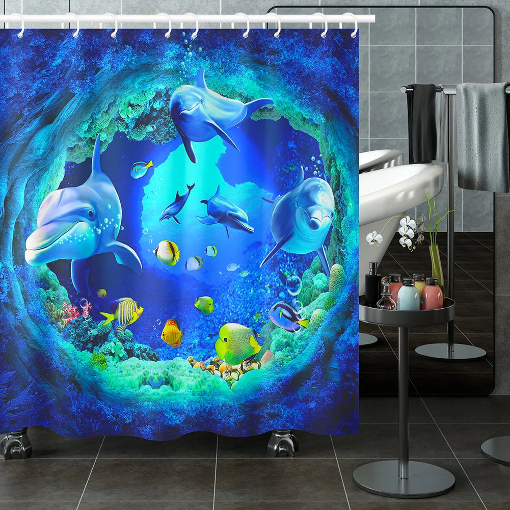 Dolphin Shower Curtain Blue Underwater World Marine Life Decor Set with 12 Hooks