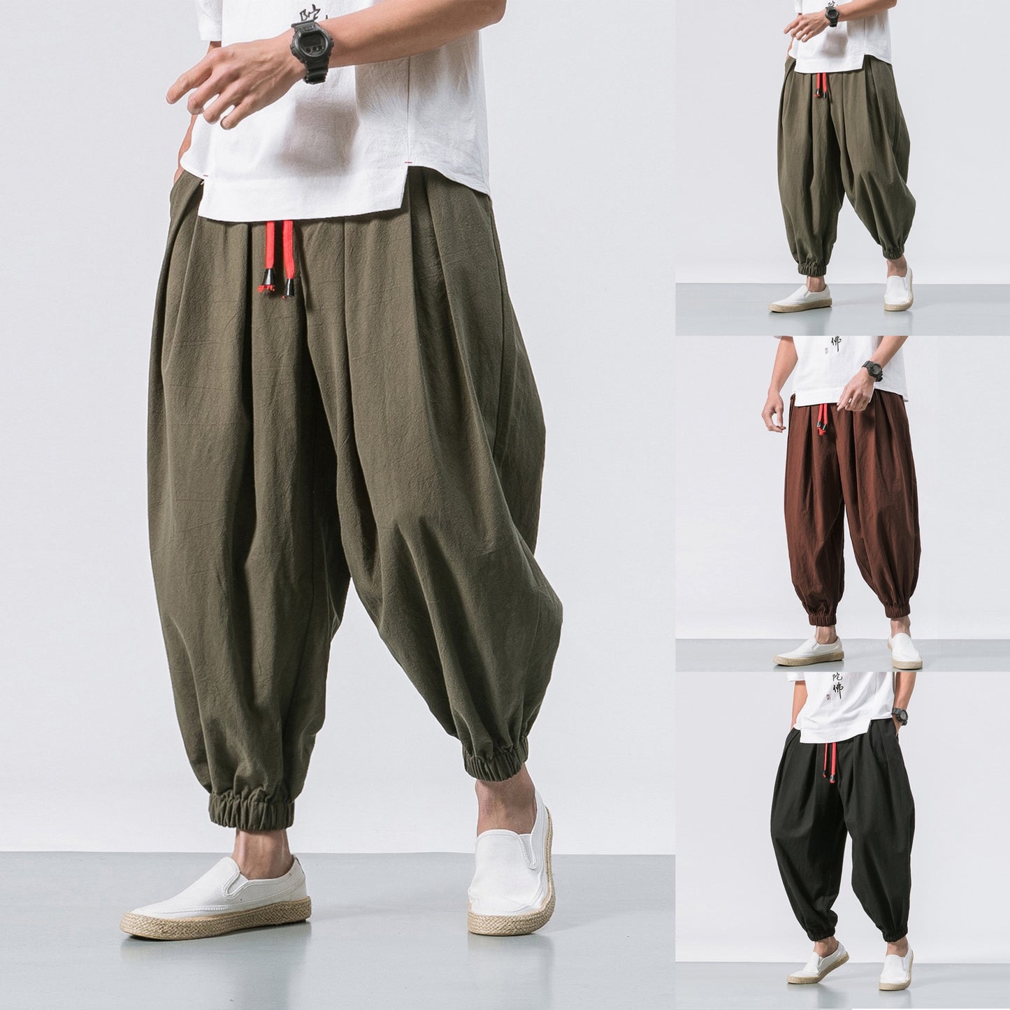 Men's Fashion Cotton Linen Casual Solid Colors Loose Trousers Elastic Waist - atozdepot23