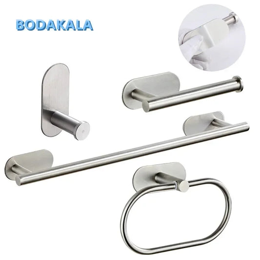 4 Piece Bathroom Hardware Set Self-sticking, 304 Stainless Steel Brushed Towel Bar Paper Holder Accessories Set without Nails