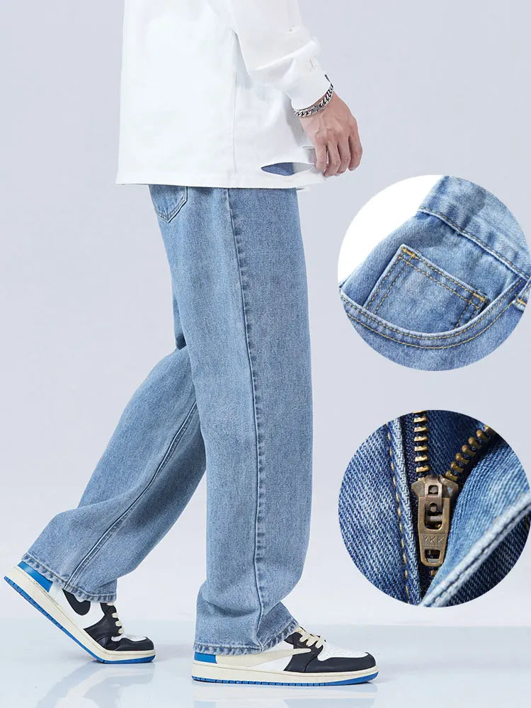 Blue Jeans Men Waist Denim Cotton Casual Wide-Leg Long Pants