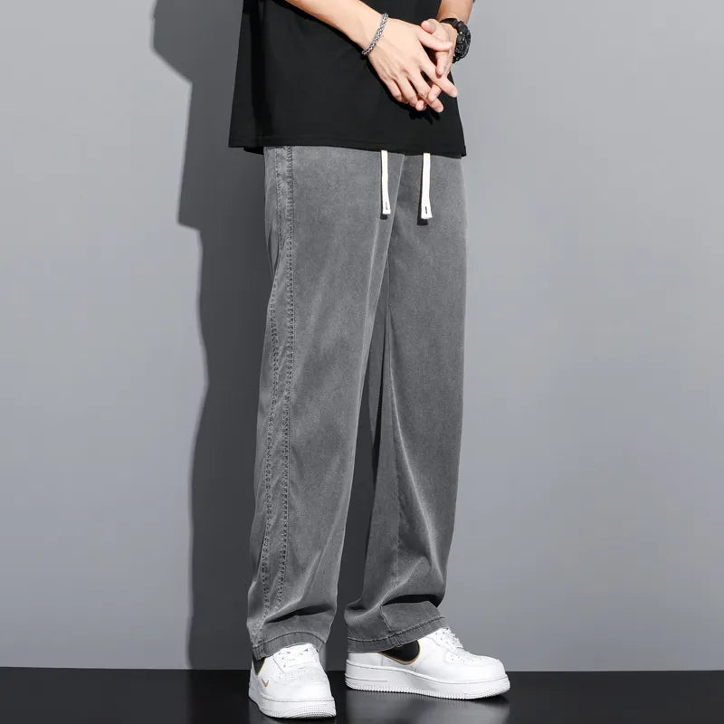 Men's Brand Clothing Soft Lyocell Fabric Jeans Loose Straight Pants Drawstring Elastic Waist