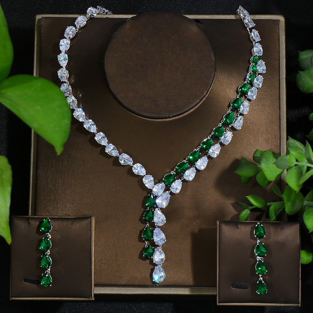 Zirconia Jewelry Set High Quality Emerald Green Necklace and Earring Set - atozdepot23