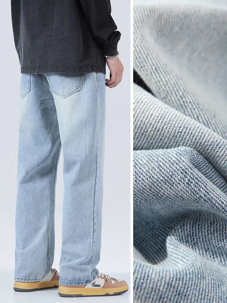 Blue Jeans Men Waist Denim Cotton Casual Wide-Leg Long Pants