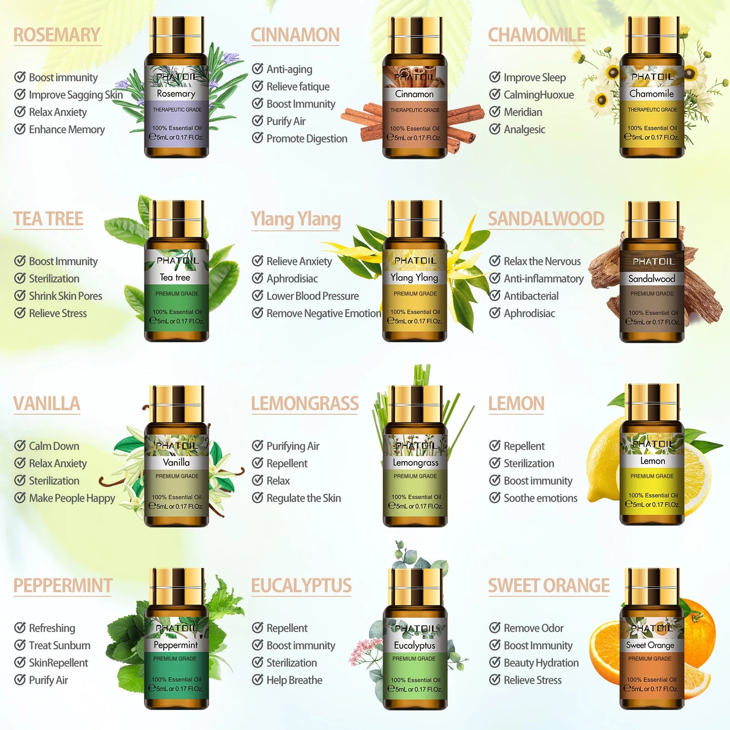 15 pcs Pure Essential Oils Gift Set Natural Plant Aroma Essential Oil Diffuser Eucalyptus Vanilla Mint Lavender Rose Tea Tree Oil