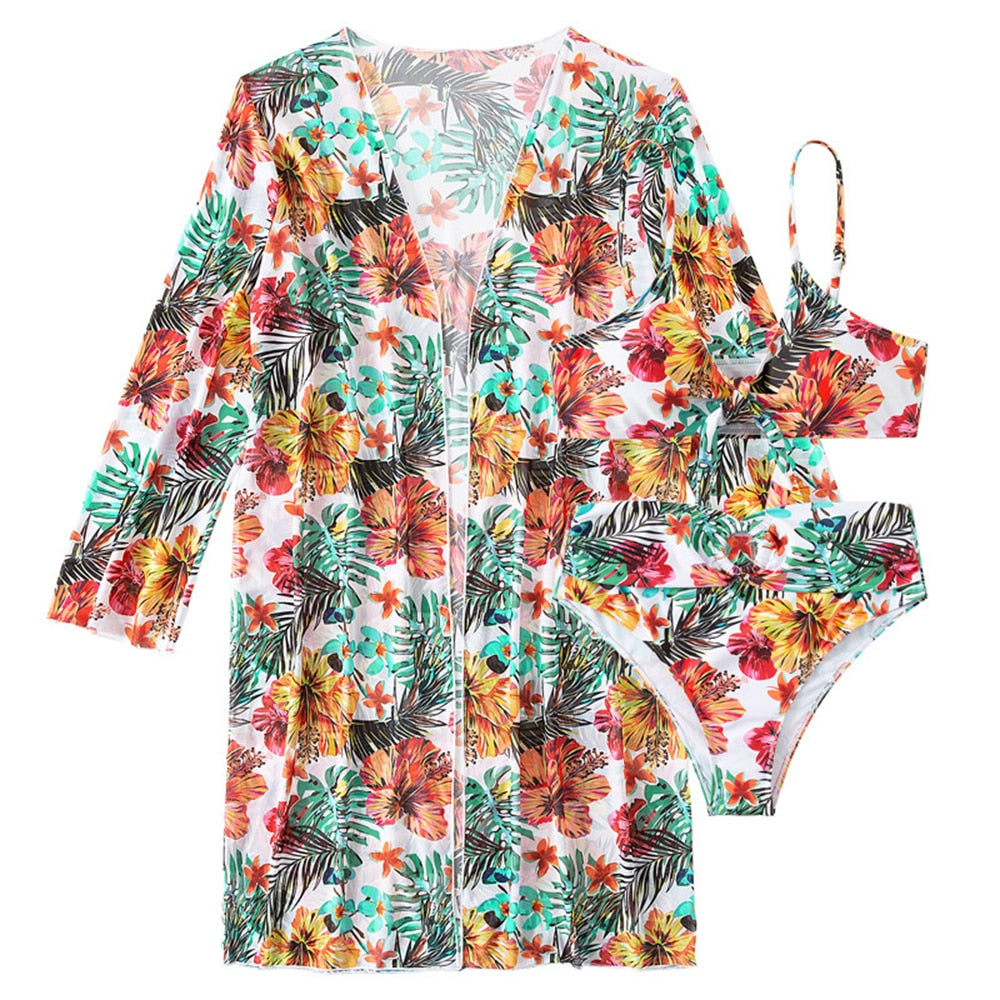 Women's 3 Piece High Waisted Bikini Floral Printed Swimsuit W/Mesh Long-Sleeved Blouse 2023 New - atozdepot23