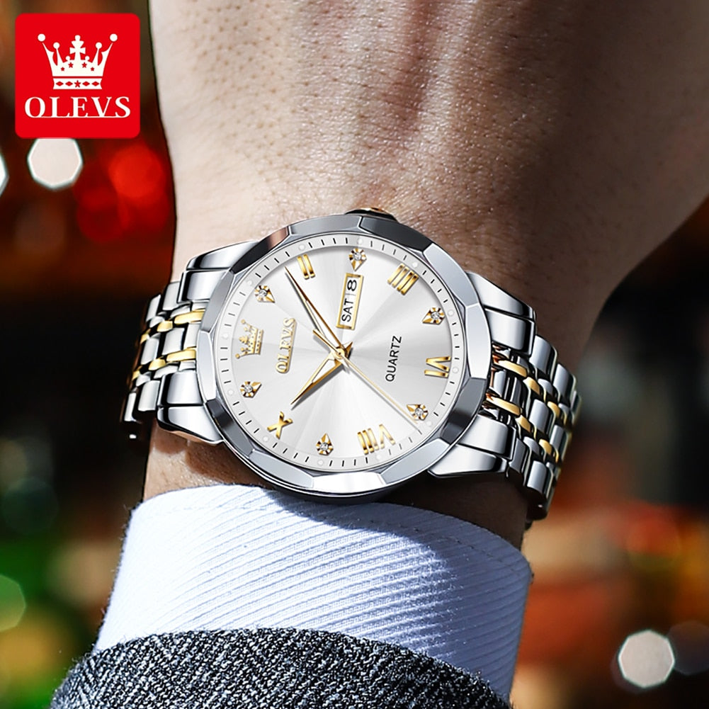 Men's OLEVS Watch Rhombus Mirror Original Quartz Waterproof Stainless Steel - atozdepot23
