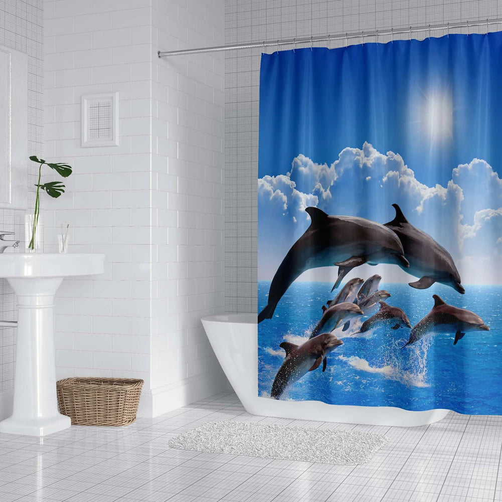 Dolphin Shower Curtain Blue Underwater World Marine Life Decor Set with 12 Hooks
