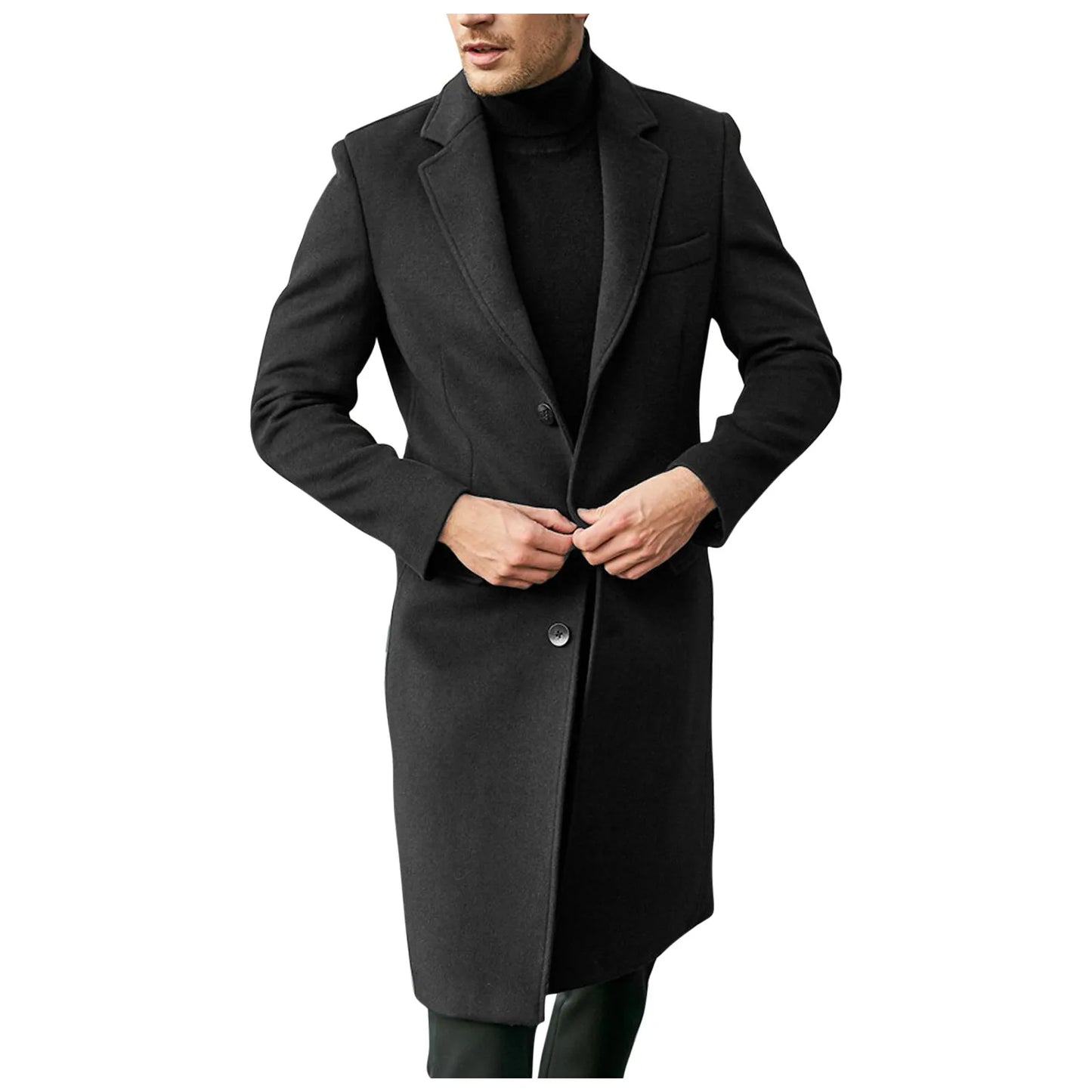 Mens coats Long Trench Coat woolen Solid Color Mid-Length Windproof