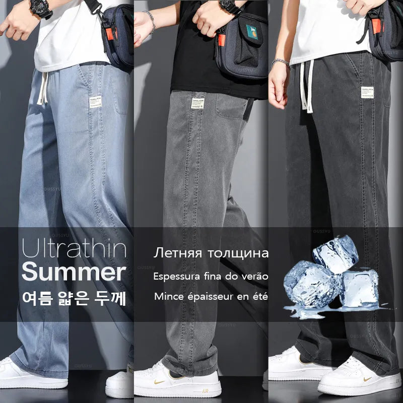 Men's Brand Clothing Soft Lyocell Fabric Jeans Loose Straight Pants Drawstring Elastic Waist