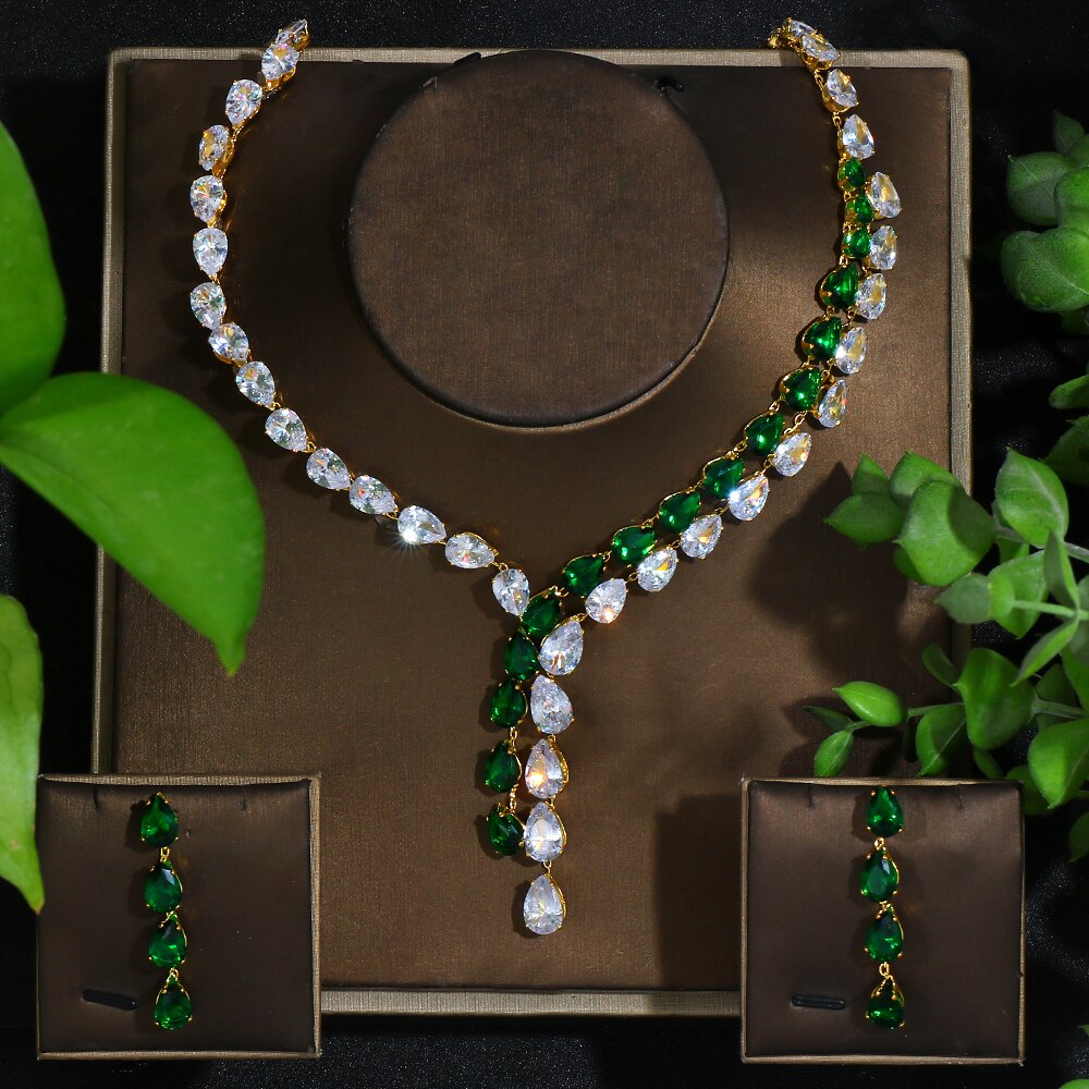 Zirconia Jewelry Set High Quality Emerald Green Necklace and Earring Set - atozdepot23