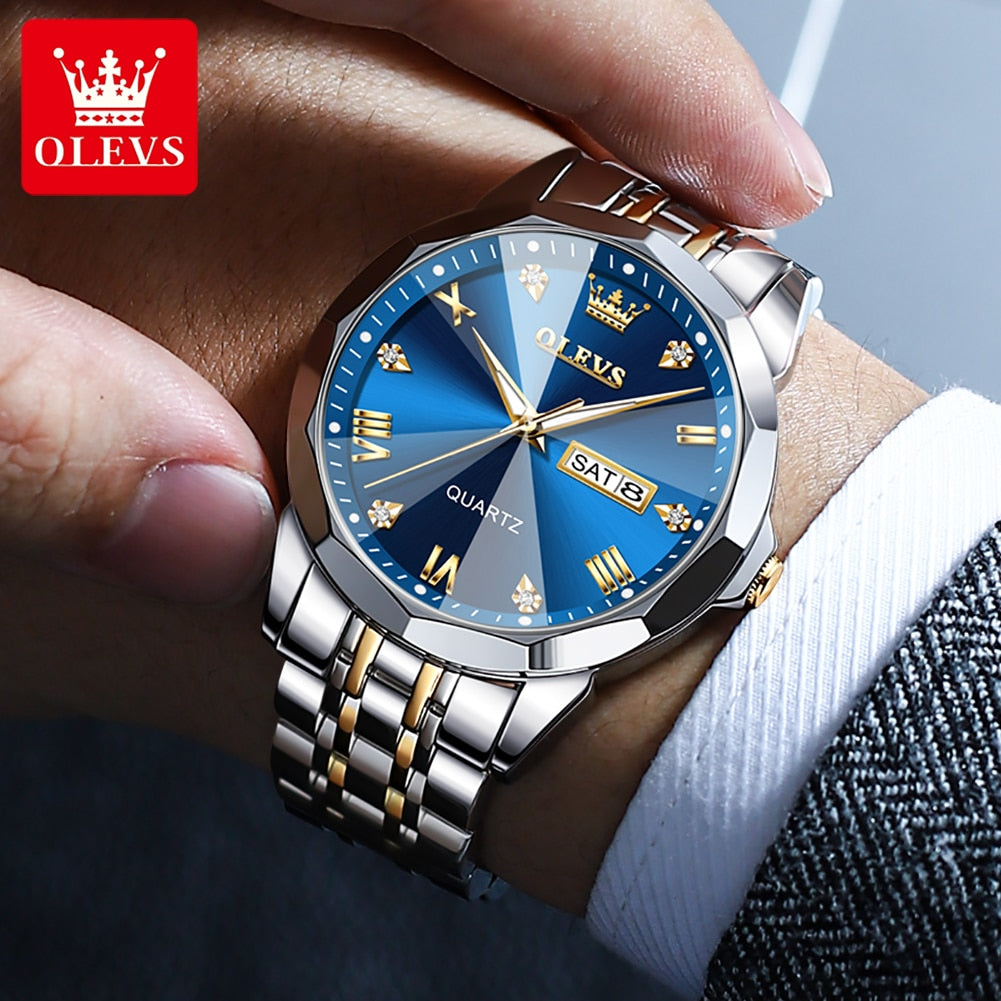 Men's OLEVS Watch Rhombus Mirror Original Quartz Waterproof Stainless Steel - atozdepot23