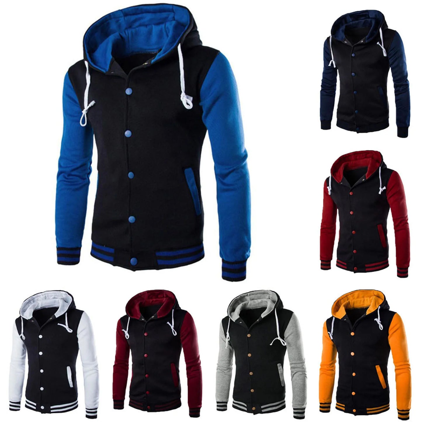 Men's Sweatshirts Patchwork Hooded button up Long Sleeve winter Autumn Fleece
