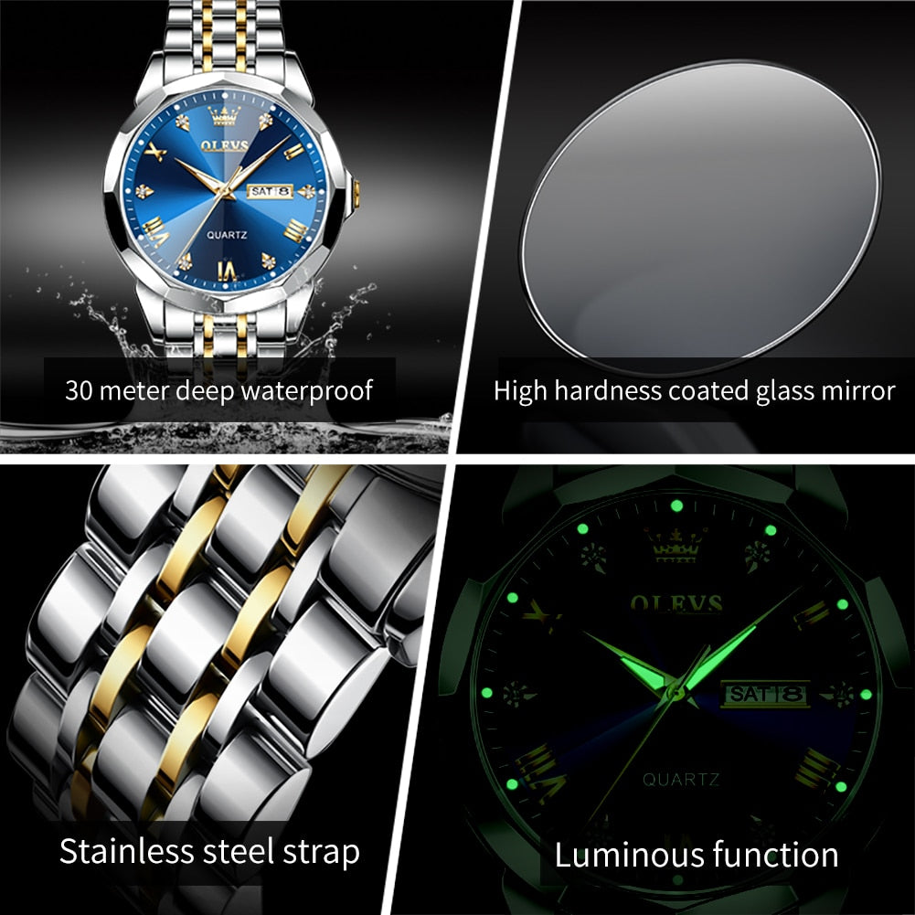 Men's OLEVS Watch Rhombus Mirror Original Quartz Waterproof Stainless Steel - atozdepot23