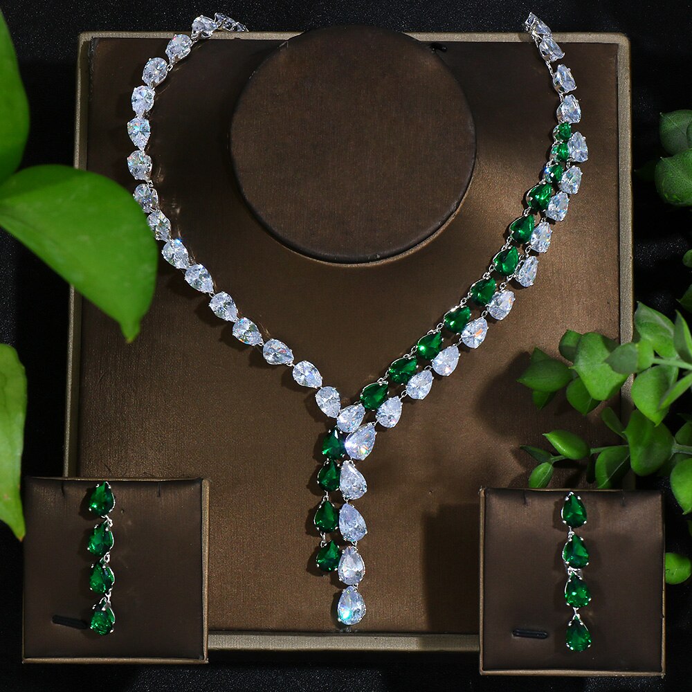 Zirconia Jewelry Set High Quality Emerald Green Necklace and Earring Set - atozdepot23