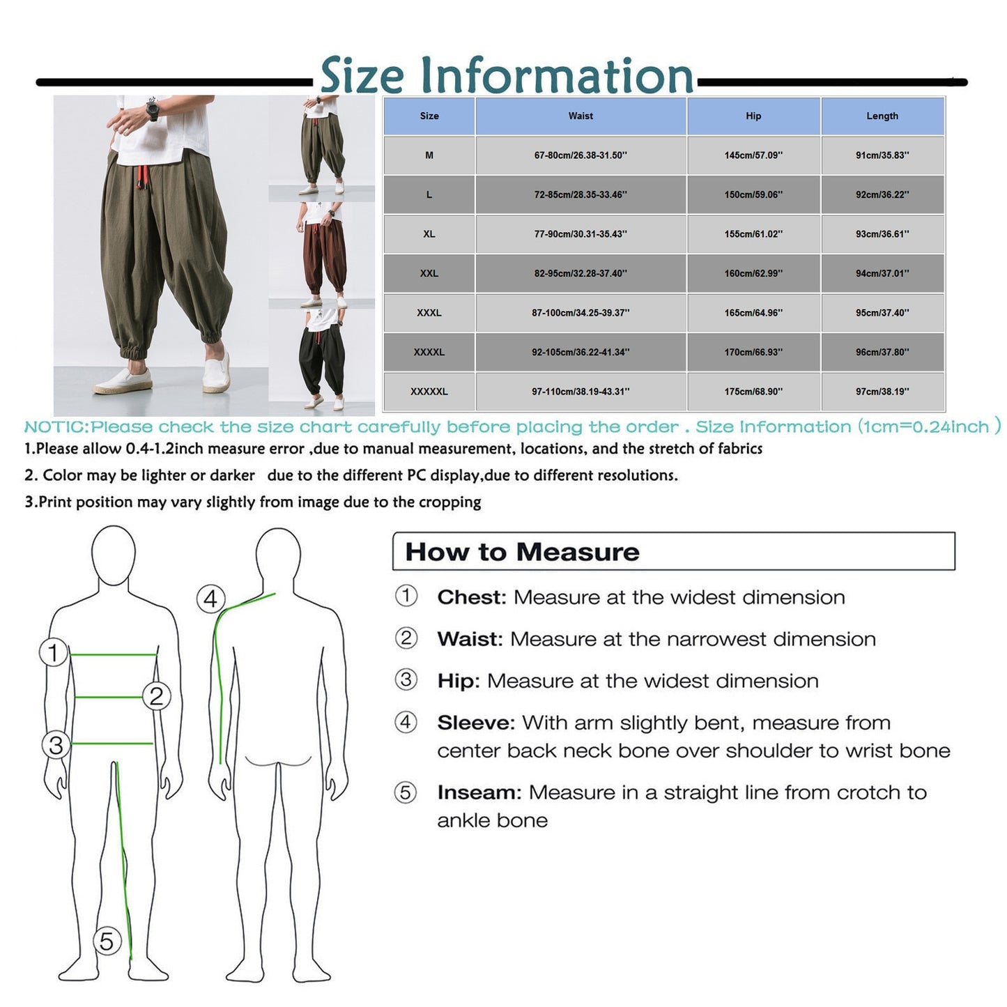 Men's Fashion Cotton Linen Casual Solid Colors Loose Trousers Elastic Waist - atozdepot23