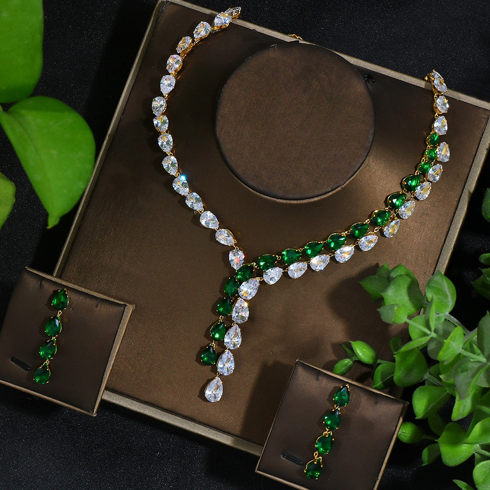 Zirconia Jewelry Set High Quality Emerald Green Necklace and Earring Set - atozdepot23