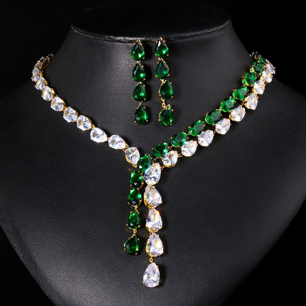 Zirconia Jewelry Set High Quality Emerald Green Necklace and Earring Set - atozdepot23