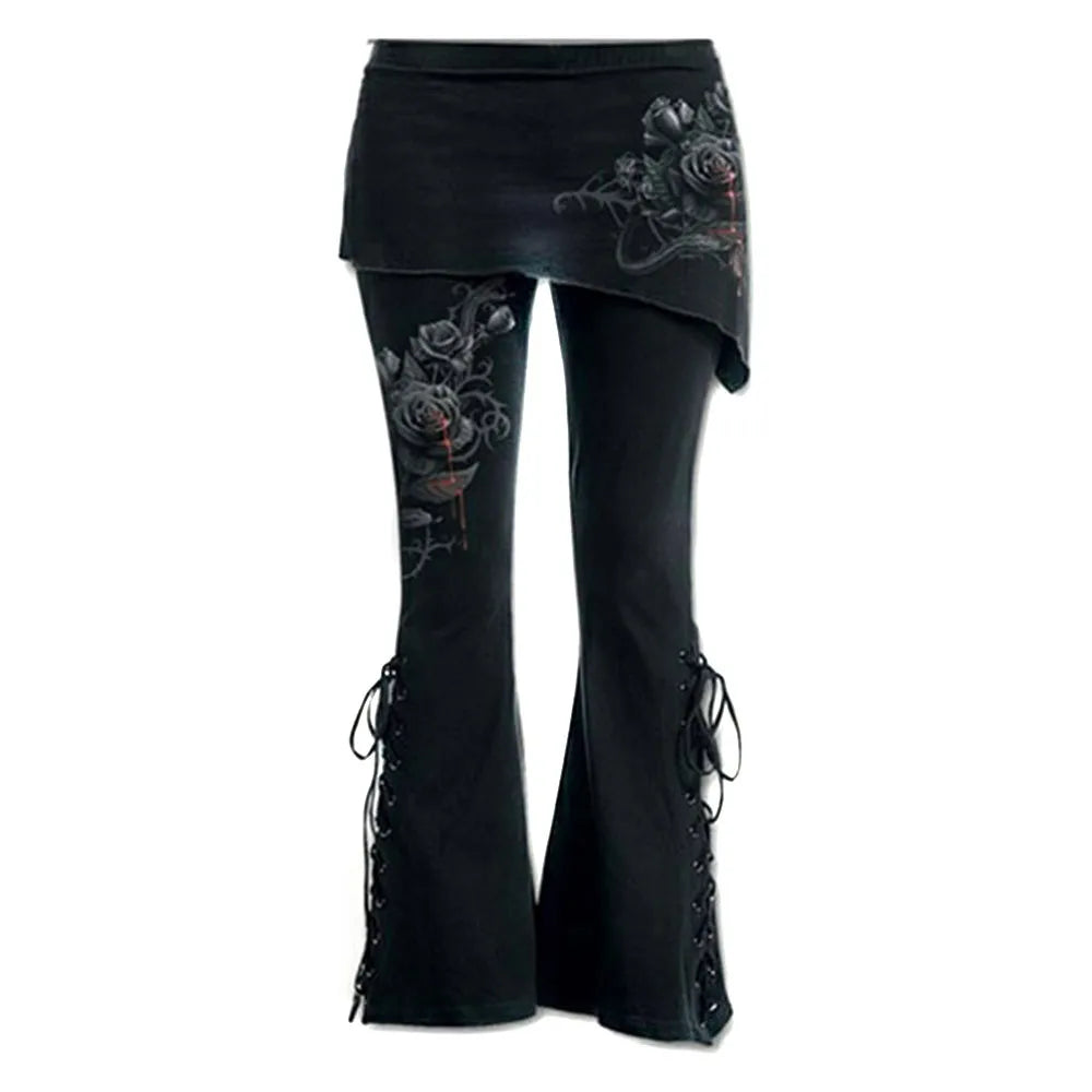Women Black Embroidered Casual Bandage Flares Punk Lace Up Bell Bottom