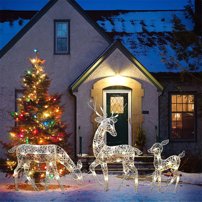 Iron Art Elk Deer Christmas Garden Decoration With LED Light Glowing Glitter Reindeer Xmas Home Outdoor Yard Ornament Decor