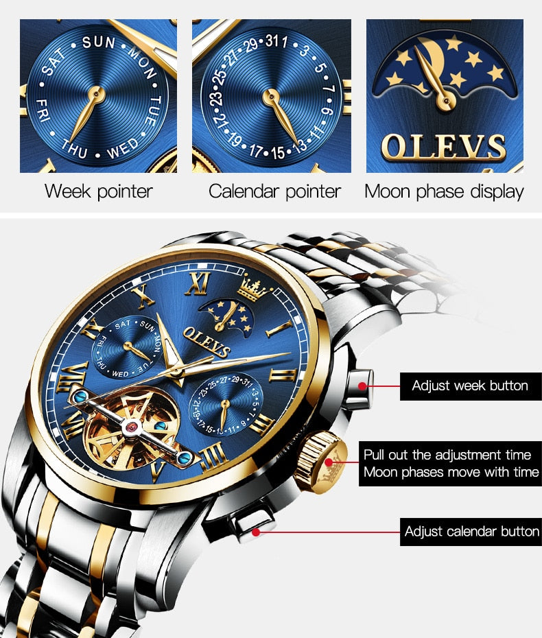 Men's OLEVS Automatic Stainless Moon phase - atozdepot23