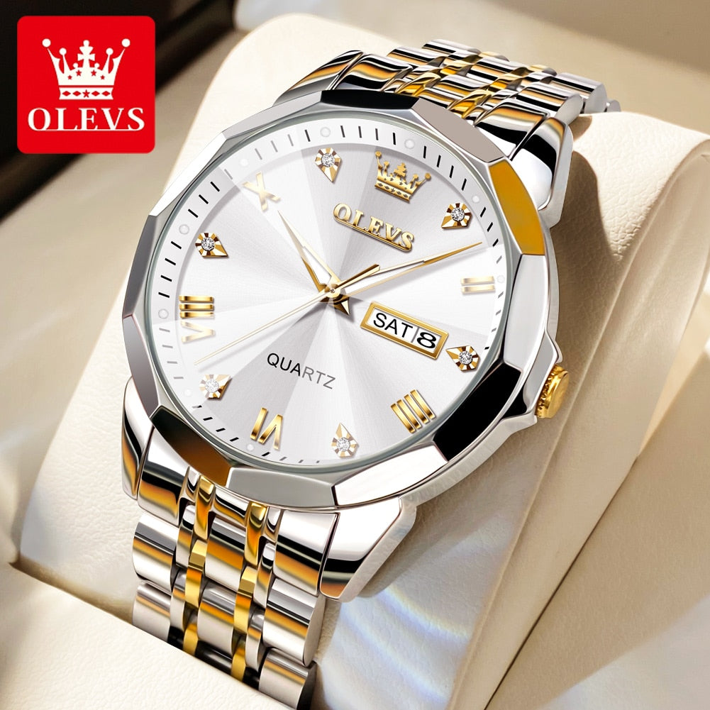Men's OLEVS Watch Rhombus Mirror Original Quartz Waterproof Stainless Steel - atozdepot23