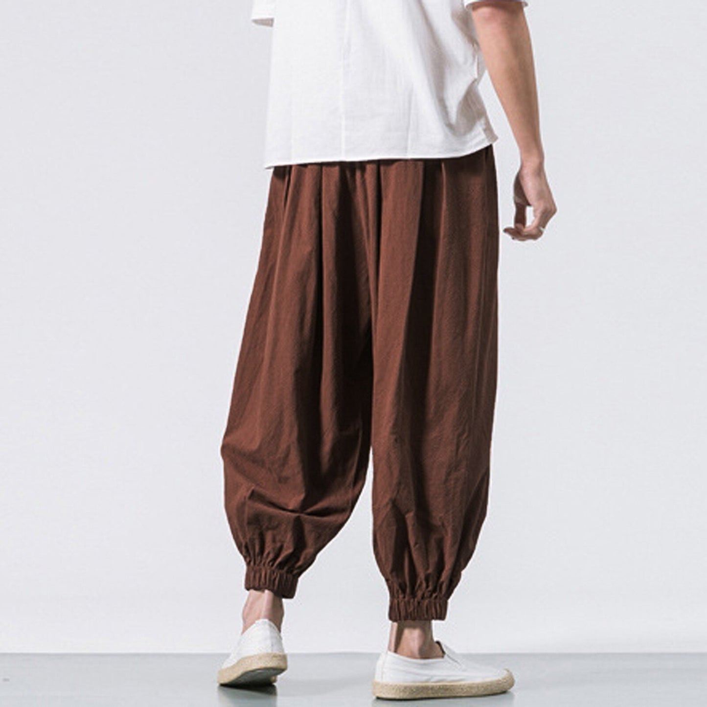 Men's Fashion Cotton Linen Casual Solid Colors Loose Trousers Elastic Waist - atozdepot23