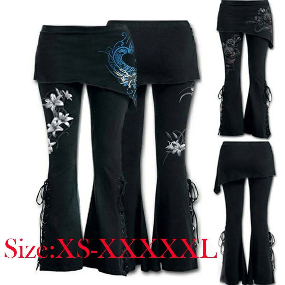 Women Black Embroidered Casual Bandage Flares Punk Lace Up Bell Bottom