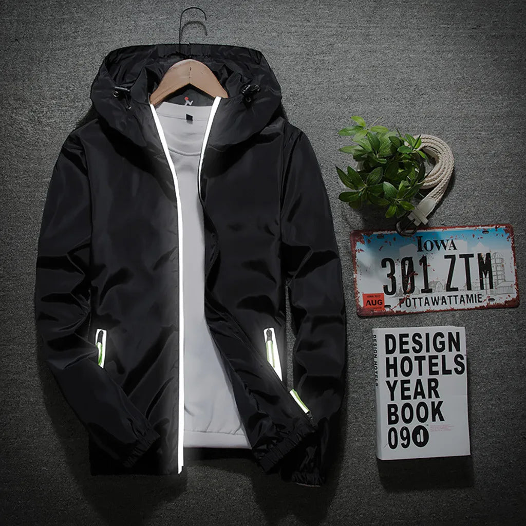 Men Coat Super Thin Hoodie Jacket Reflective Zipper Hood Elastic Cuff