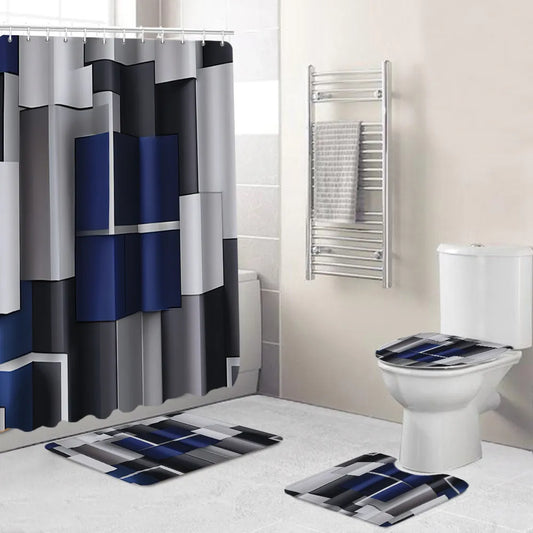 4Pcs Bathroom Shower Curtain Waterproof Carpet Entrance Doormat, Toilet Seat Cover, Rug Bath Non-Slip Floor Mat