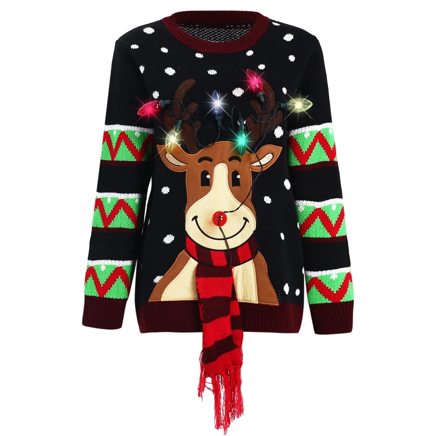 Women LED Light Up Sweater Christmas Cartoon Reindeer Elk Knit Pullover Ugly Sweater