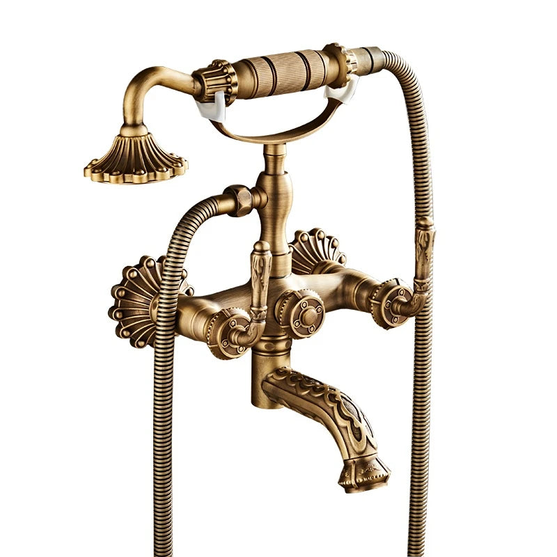 Antique Brass Bathtub Shower Faucets Set Wall Mounted , Swivel Tub Spout ,Dual Control Carved Mixer Tap