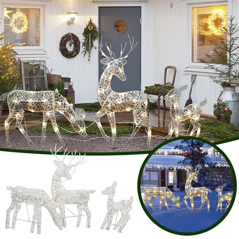 Iron Art Elk Deer Christmas Garden Decoration With LED Light Glowing Glitter Reindeer Xmas Home Outdoor Yard Ornament Decor