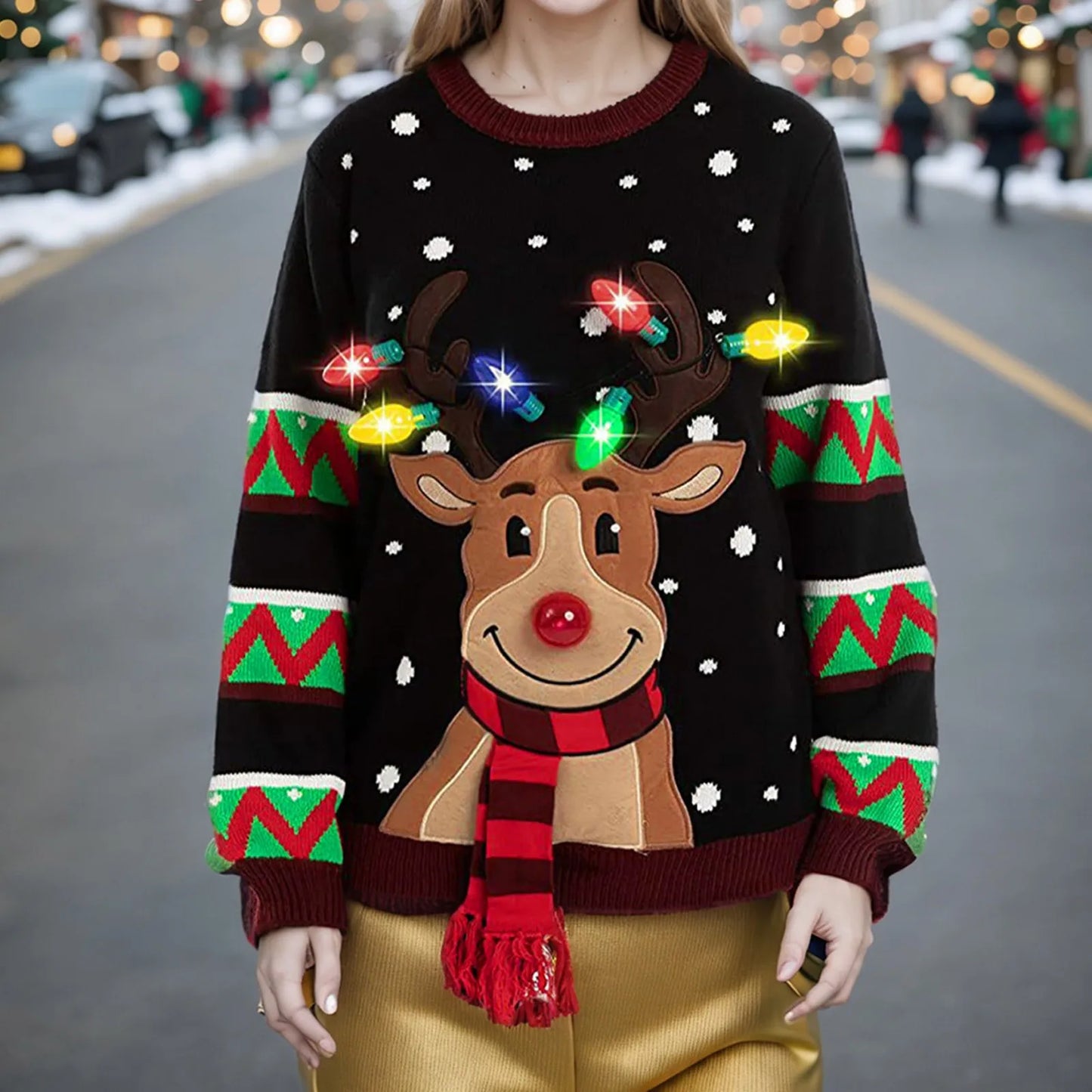 Women LED Light Up Sweater Christmas Cartoon Reindeer Elk Knit Pullover Ugly Sweater