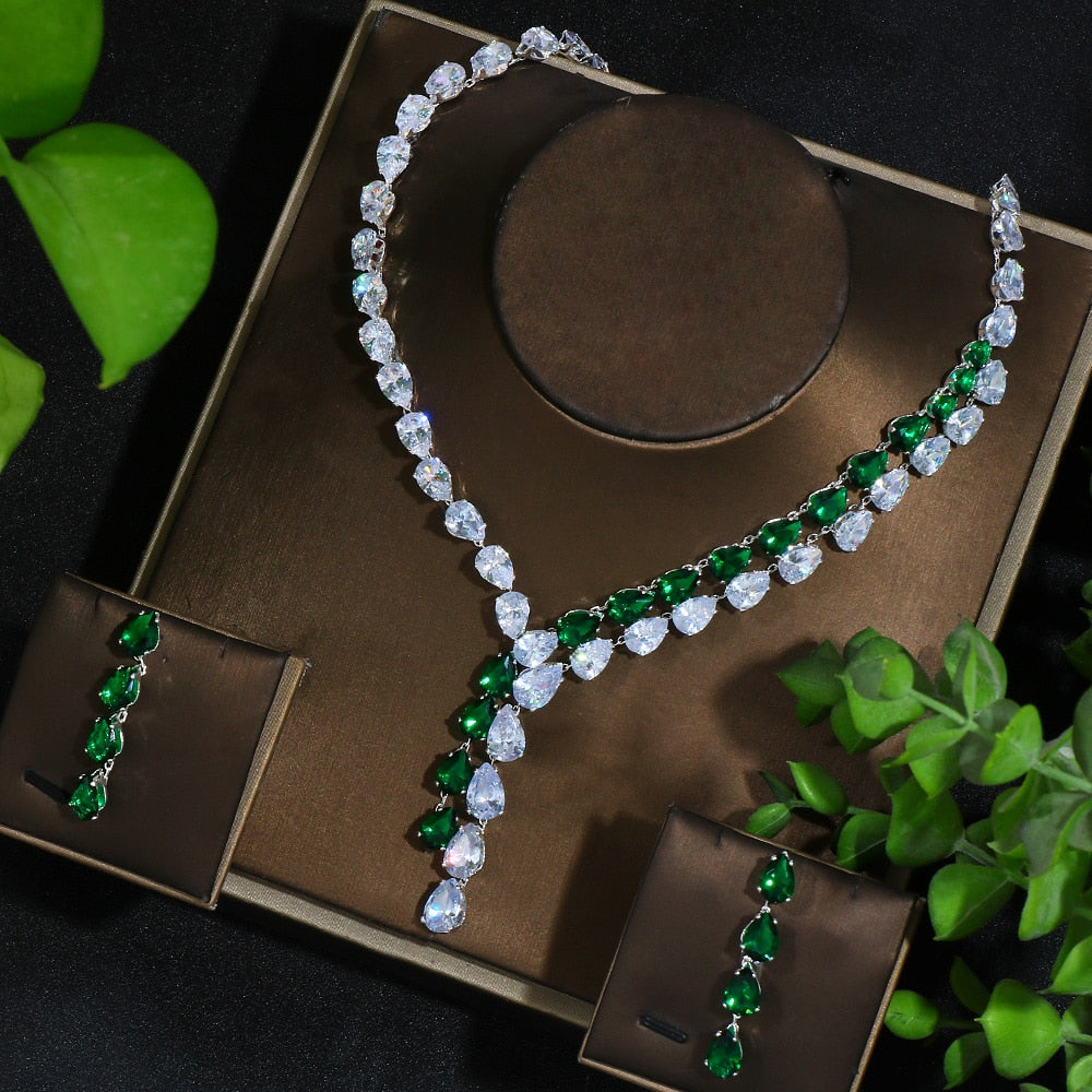 Zirconia Jewelry Set High Quality Emerald Green Necklace and Earring Set - atozdepot23