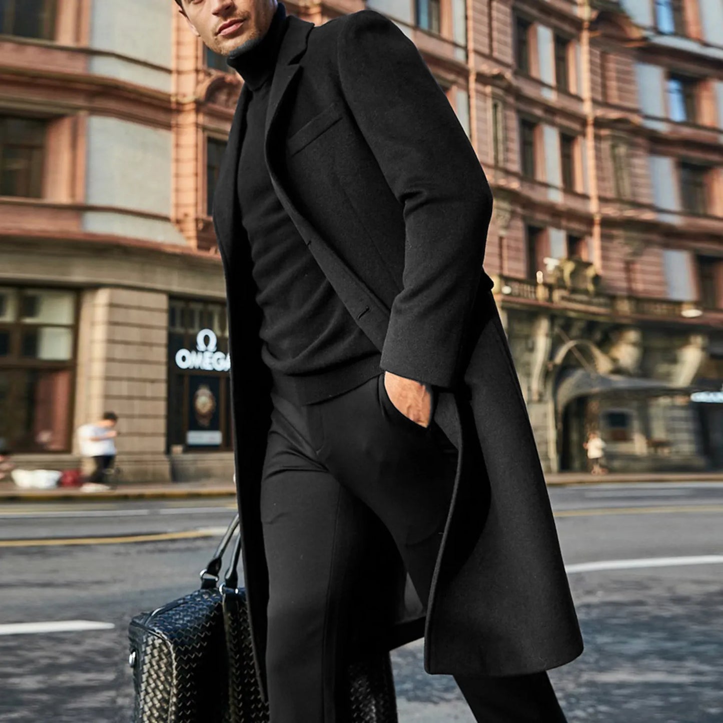 Mens coats Long Trench Coat woolen Solid Color Mid-Length Windproof