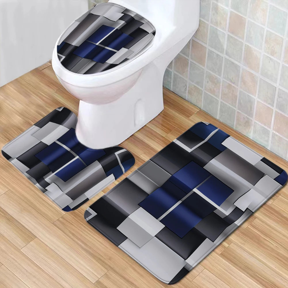 4Pcs Bathroom Shower Curtain Waterproof Carpet Entrance Doormat, Toilet Seat Cover, Rug Bath Non-Slip Floor Mat