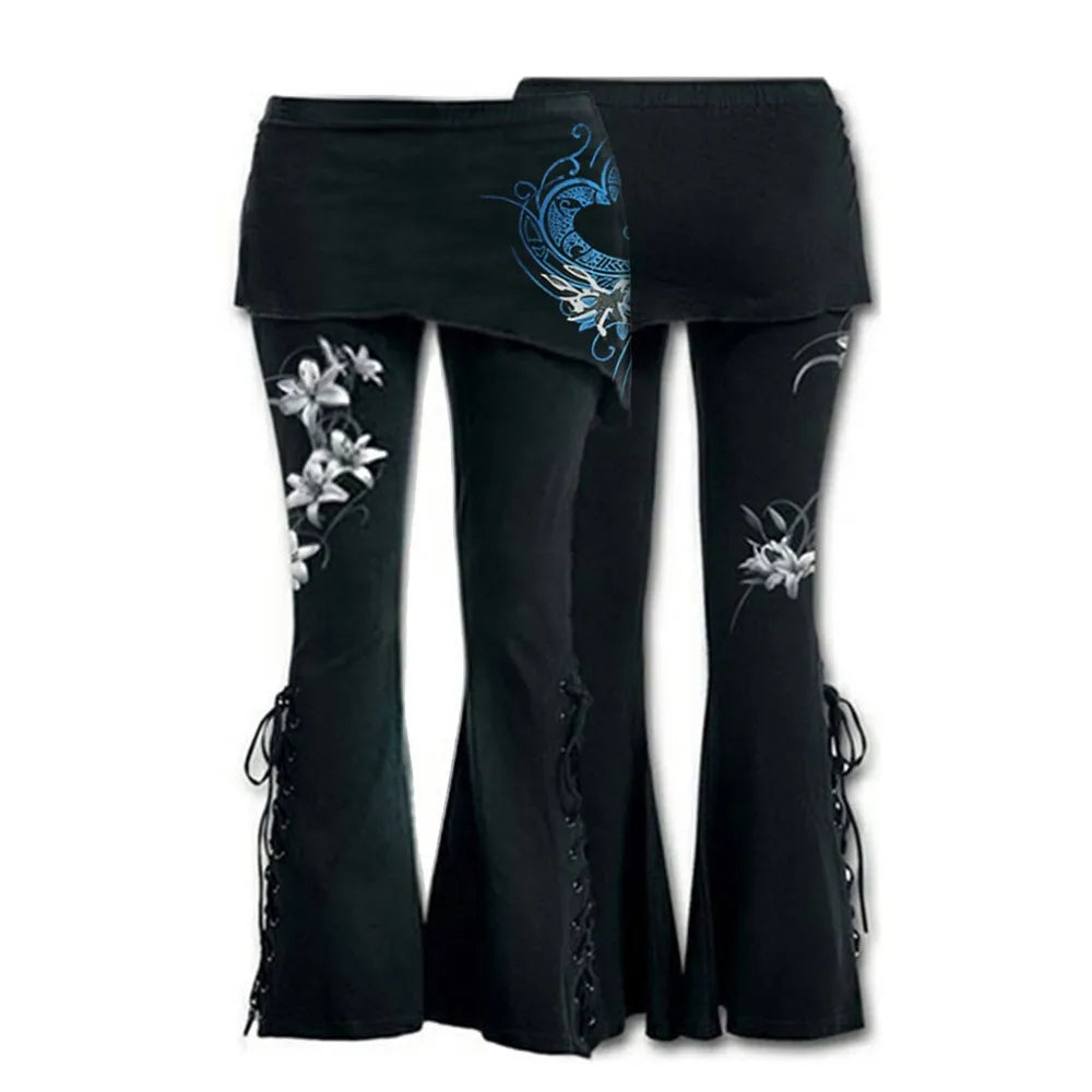 Women Black Embroidered Casual Bandage Flares Punk Lace Up Bell Bottom
