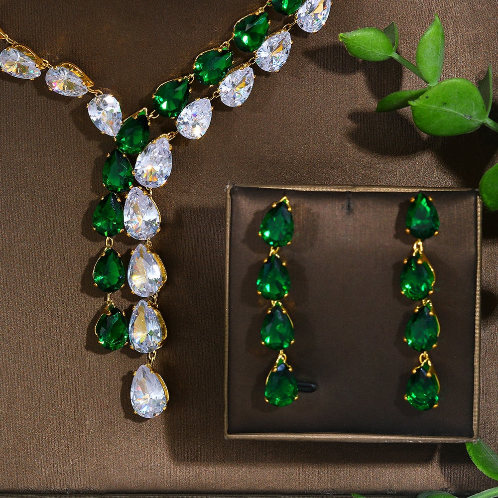 Zirconia Jewelry Set High Quality Emerald Green Necklace and Earring Set - atozdepot23