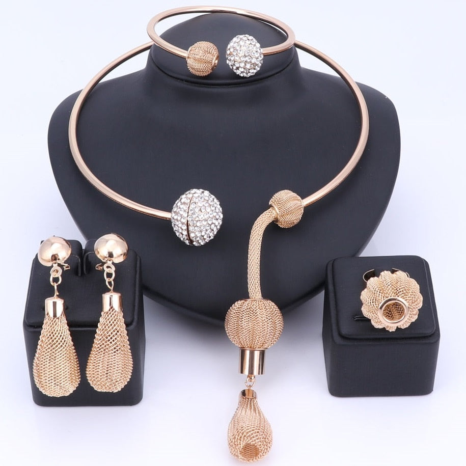 Women's 4 Piece Set Dubai Gold Color Crystal Tassels - atozdepot23