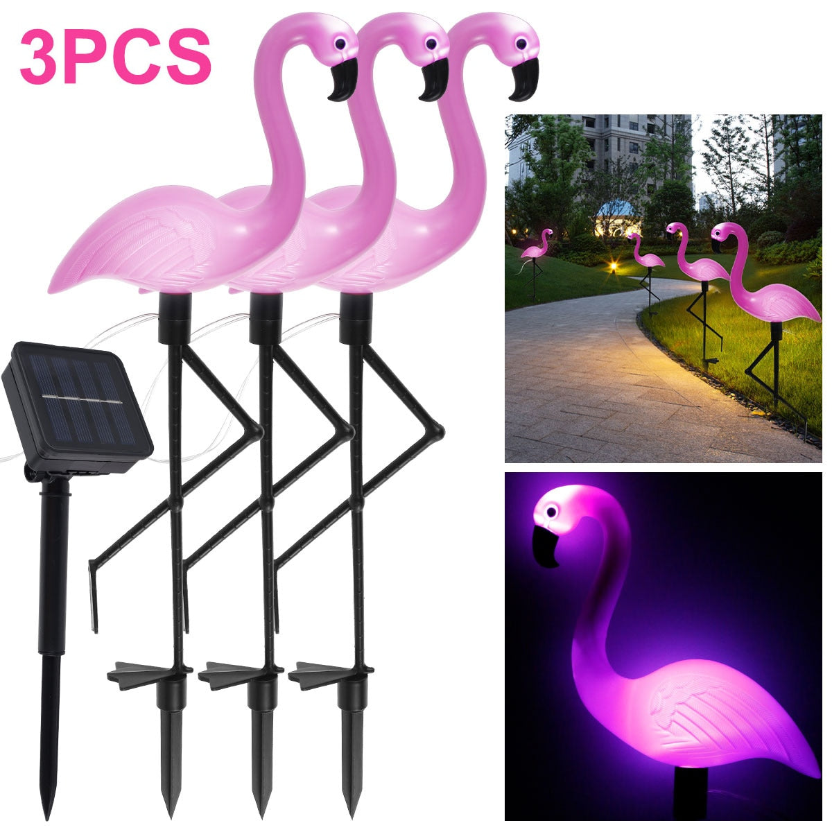 3PCS Flamingo Solar Light Waterproof LED Pink Flamingo Stake Light Landscape