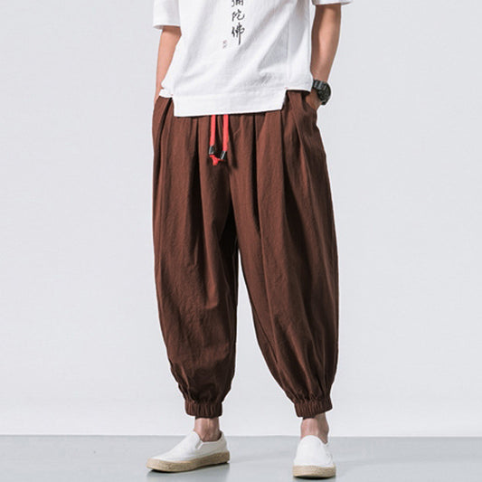 Men's Fashion Cotton Linen Casual Solid Colors Loose Trousers Elastic Waist - atozdepot23