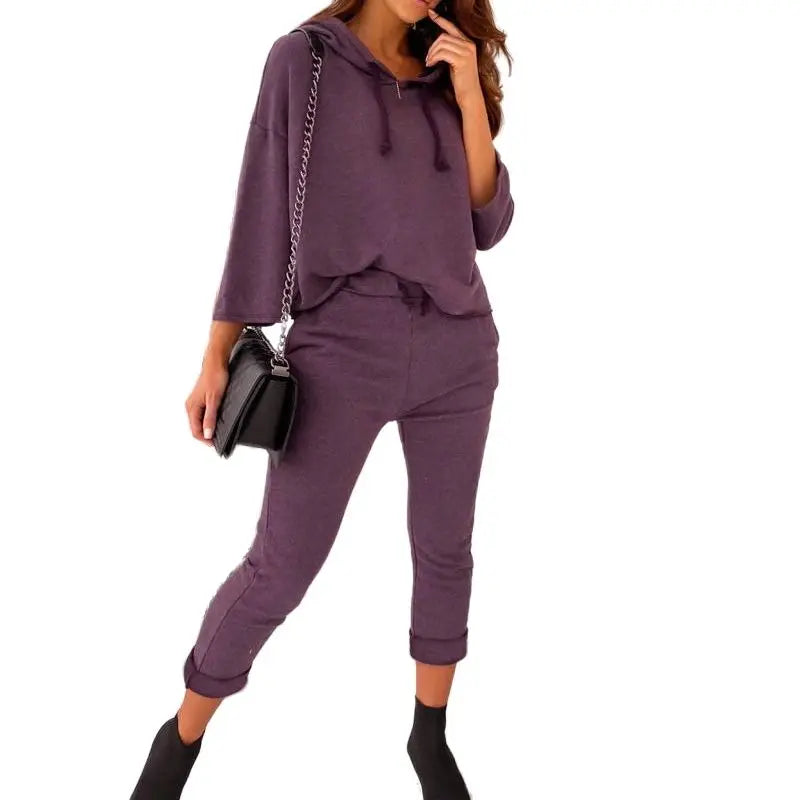Women's Set of two solid pieces Casual sweater with three-quarters fashion hoodie and Slim pants