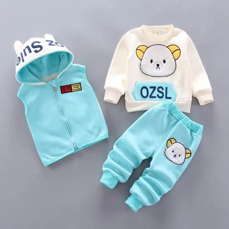 Baby Boys And Girls Clothing Set Tricken Fleece Children Hooded Outerwear Tops Pants 3PCS Outfits Kids Toddler Warm Costume Suit