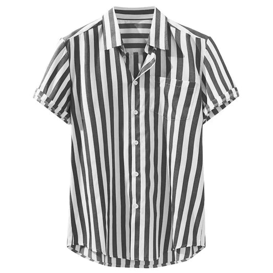 Men's short sleeve lapel pocket shirt fashion Stripe Shirt